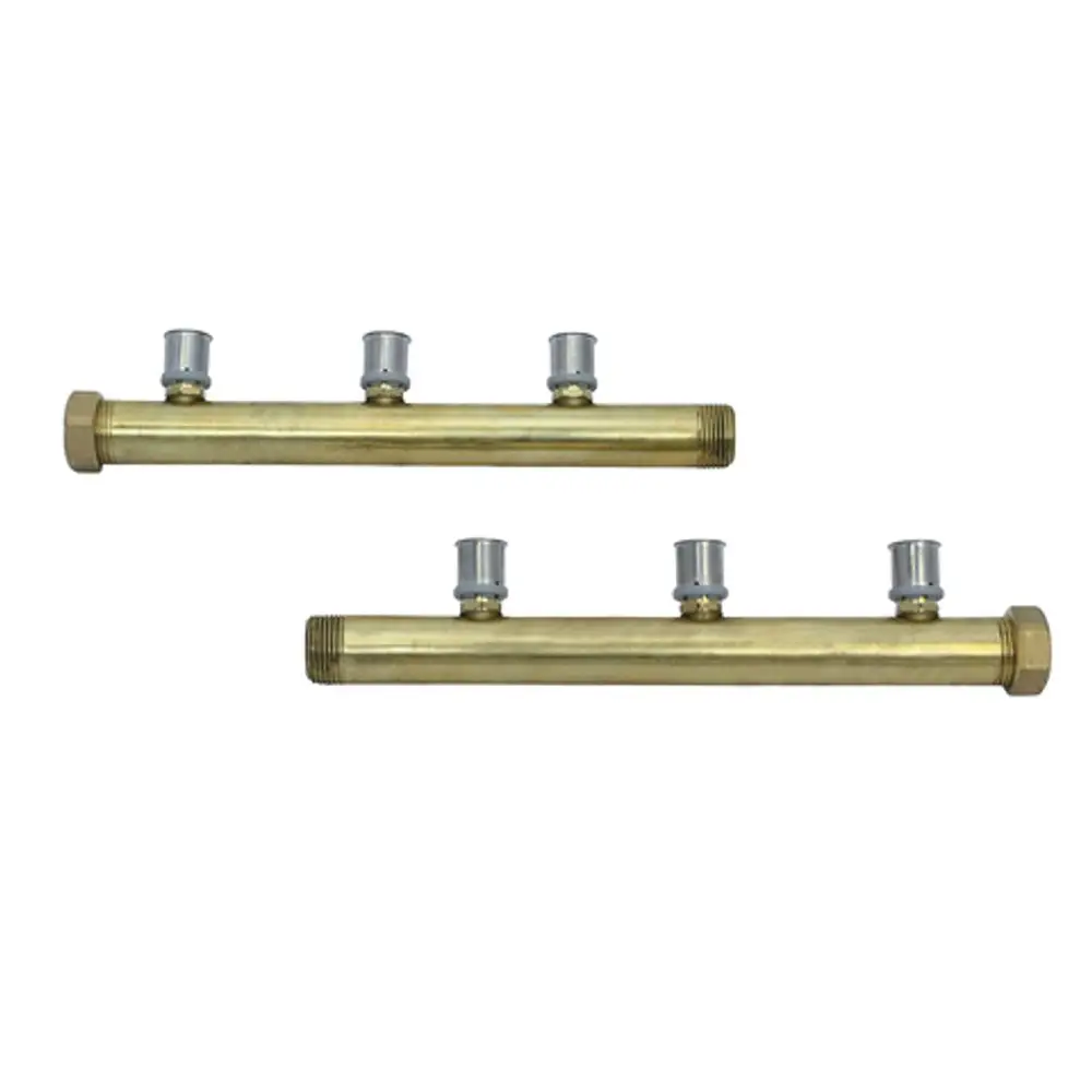 Dreiweg-Verteiler aus Messing mit Metallanschlüssen, geeignet für Heiz- oder Wassersysteme. Hergestellt von Roth.